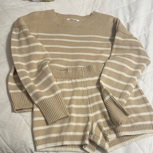 Double Zero Beige and White Striped Knit Sweater Set